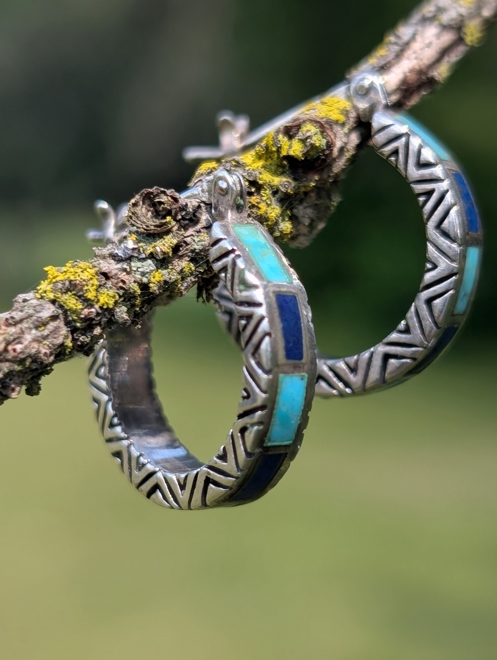 Vintage Textured Silver, Turquoise, And Lapis Hoop Earrings